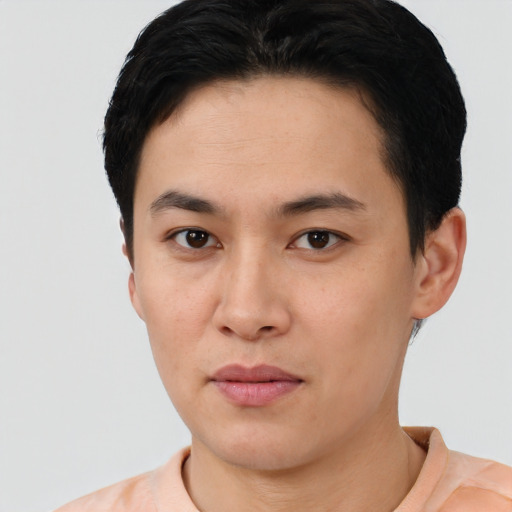 Neutral white young-adult male with short  black hair and brown eyes
