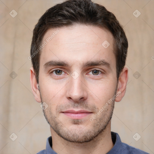 Neutral white young-adult male with short  brown hair and grey eyes