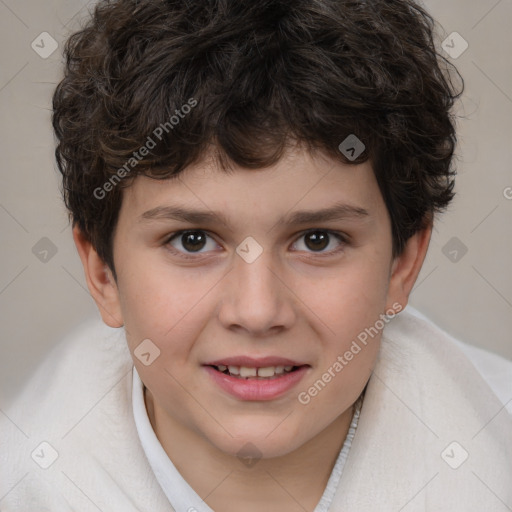 Joyful white child male with short  brown hair and brown eyes