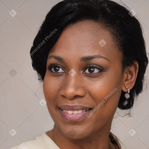 Joyful black young-adult female with medium  black hair and brown eyes