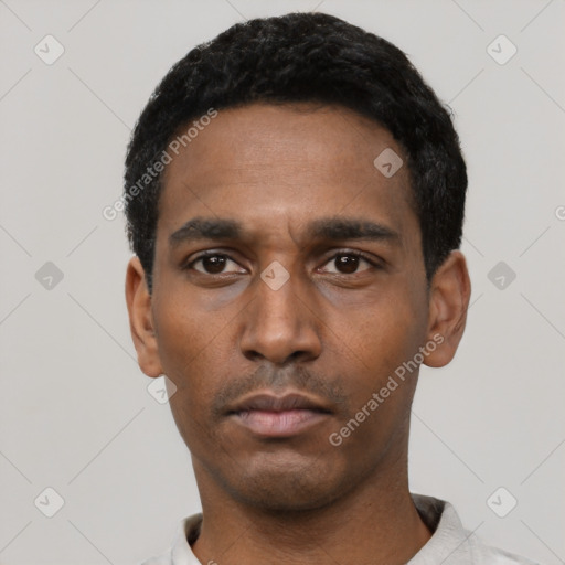Neutral latino young-adult male with short  black hair and brown eyes