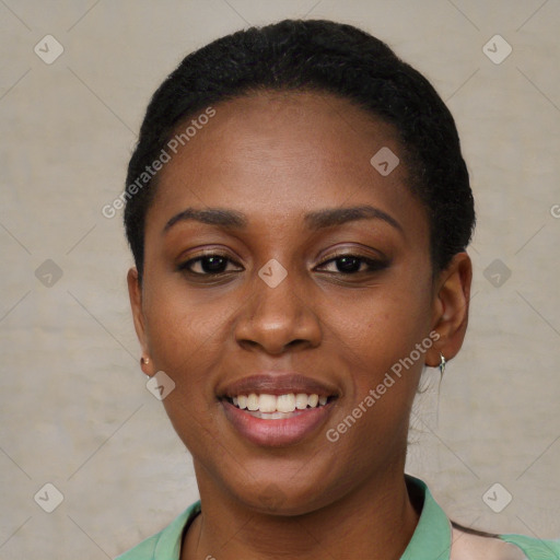 Joyful latino young-adult female with short  black hair and brown eyes