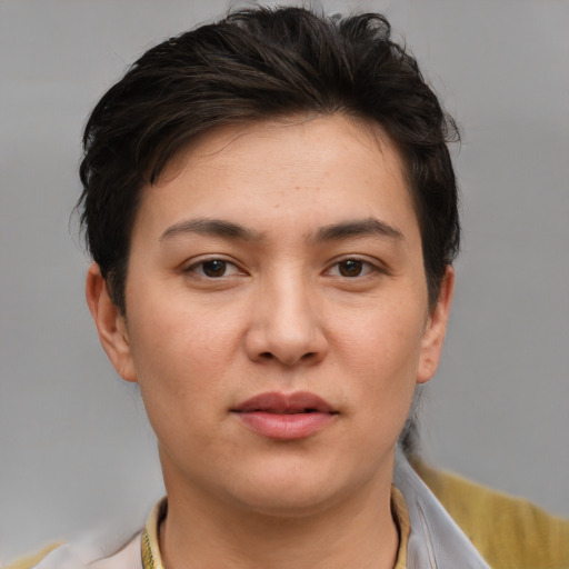 Neutral white young-adult female with short  brown hair and brown eyes