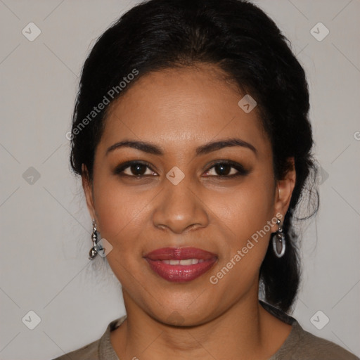 Joyful latino young-adult female with medium  black hair and brown eyes