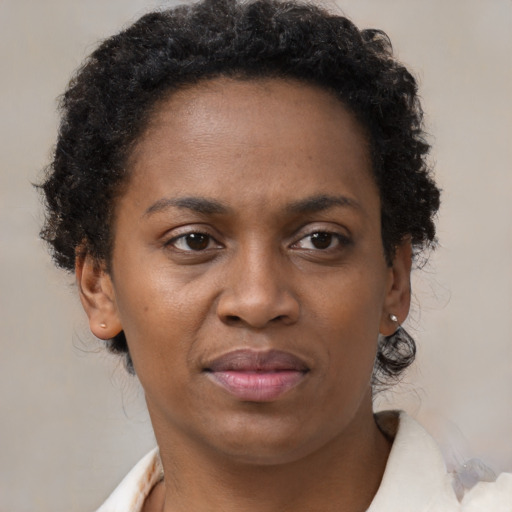 Neutral black adult female with short  brown hair and brown eyes