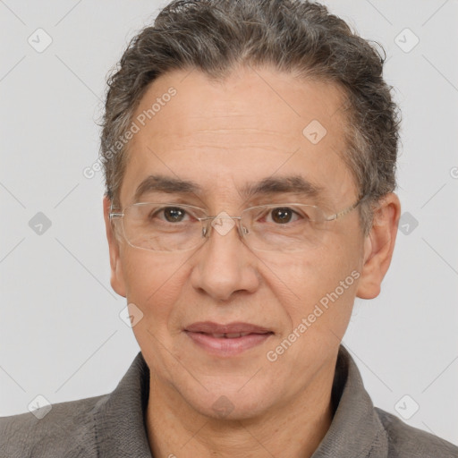 Joyful white middle-aged male with short  brown hair and brown eyes