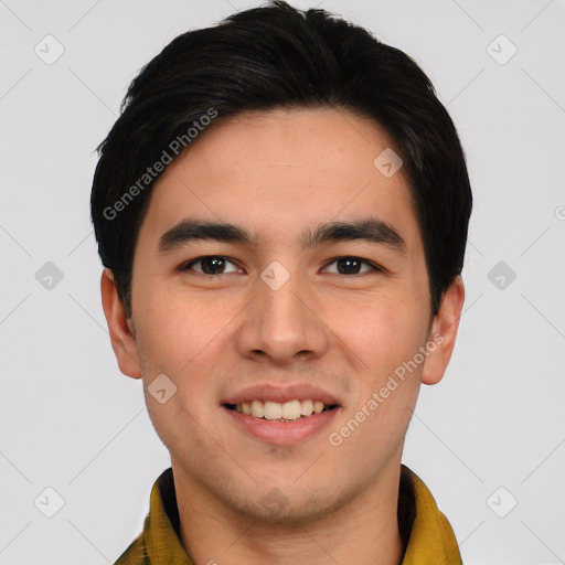 Joyful asian young-adult male with short  black hair and brown eyes