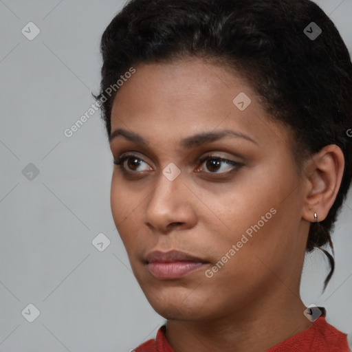 Neutral white young-adult female with short  brown hair and brown eyes