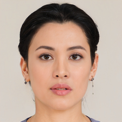 Neutral asian young-adult female with medium  black hair and brown eyes