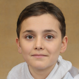 Joyful white child female with short  brown hair and brown eyes