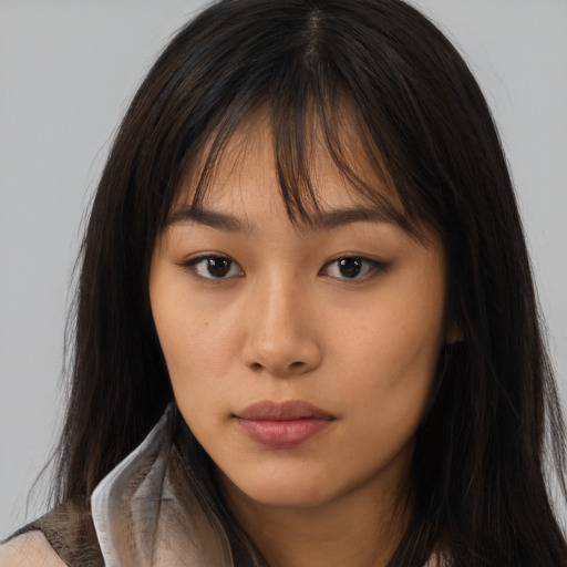 Neutral asian young-adult female with long  brown hair and brown eyes