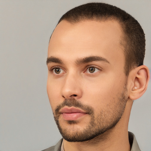 Neutral white young-adult male with short  brown hair and brown eyes