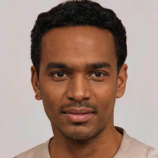 Neutral black young-adult male with short  black hair and brown eyes