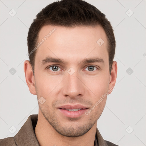 Neutral white young-adult male with short  brown hair and grey eyes