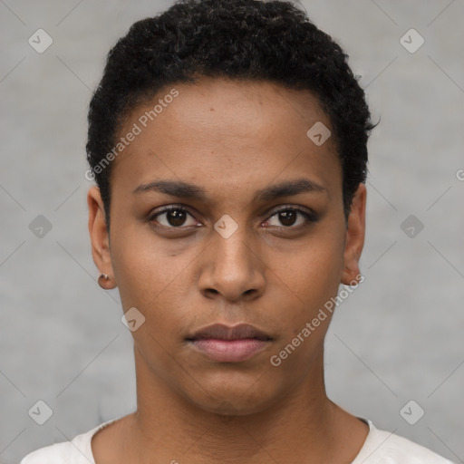 Neutral black young-adult female with short  black hair and brown eyes