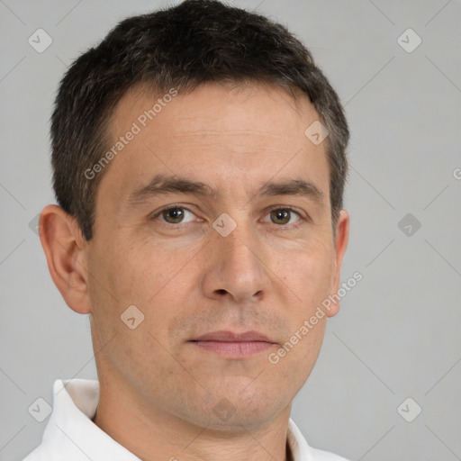 Neutral white adult male with short  brown hair and brown eyes