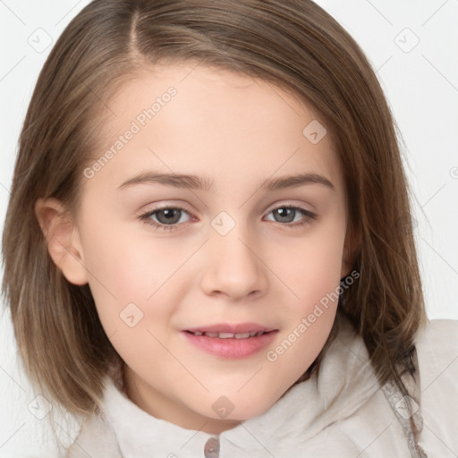 Joyful white child female with medium  brown hair and brown eyes