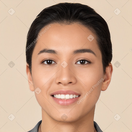 Joyful white young-adult female with short  black hair and brown eyes