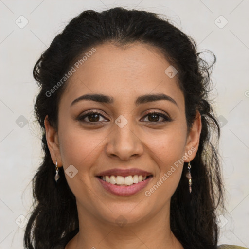 Joyful latino young-adult female with long  brown hair and brown eyes