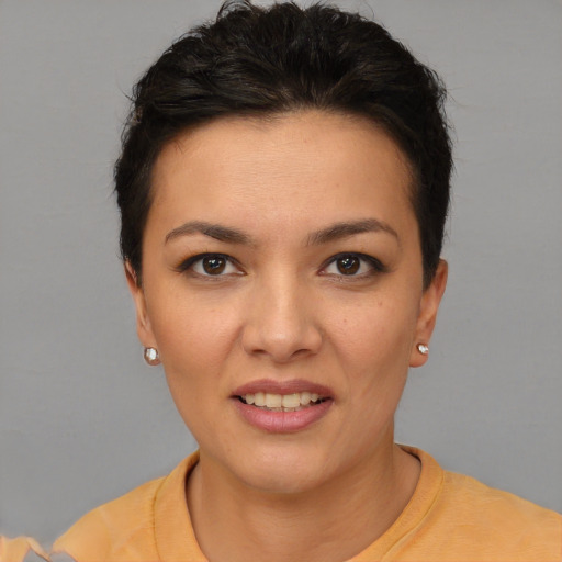 Joyful white young-adult female with short  brown hair and brown eyes