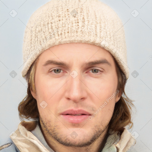 Neutral white young-adult male with short  brown hair and grey eyes