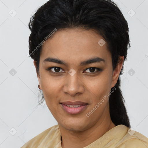 Joyful latino young-adult female with long  black hair and brown eyes
