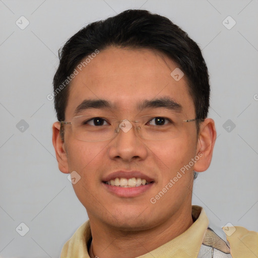 Joyful white young-adult male with short  black hair and brown eyes