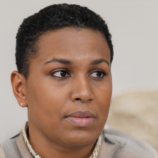 Neutral black young-adult female with short  brown hair and brown eyes