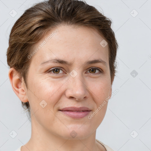 Joyful white adult female with short  brown hair and brown eyes