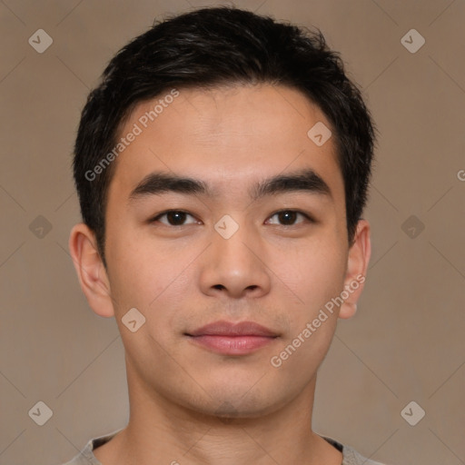 Neutral asian young-adult male with short  brown hair and brown eyes