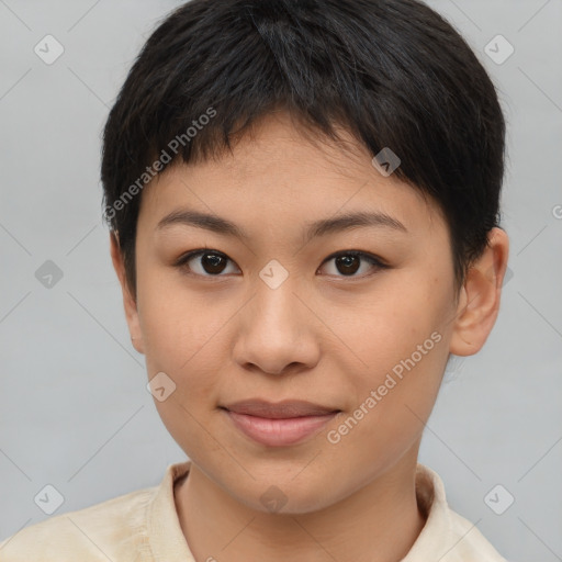 Joyful asian young-adult female with short  brown hair and brown eyes