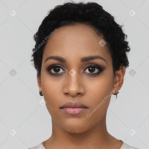 Neutral latino young-adult female with short  black hair and brown eyes