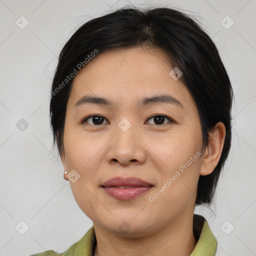 Joyful white young-adult female with medium  brown hair and brown eyes