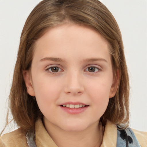 Joyful white child female with medium  brown hair and brown eyes