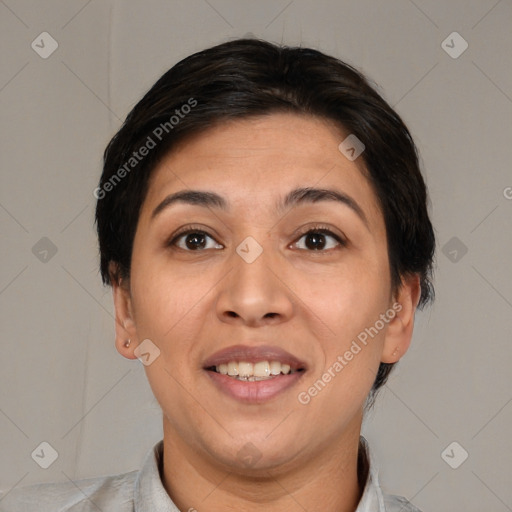 Joyful white adult female with short  brown hair and brown eyes