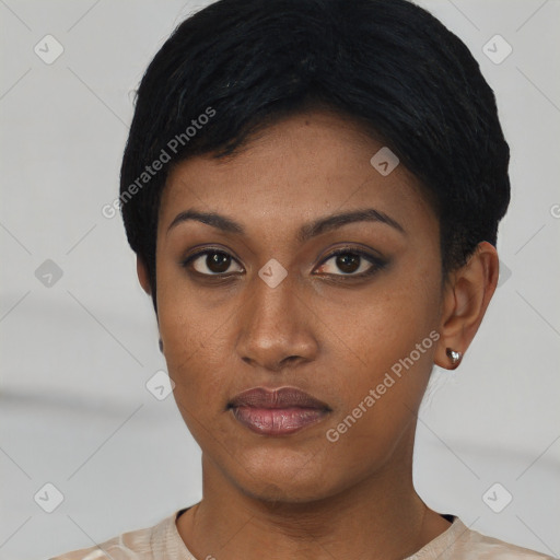 Neutral asian young-adult female with short  black hair and brown eyes