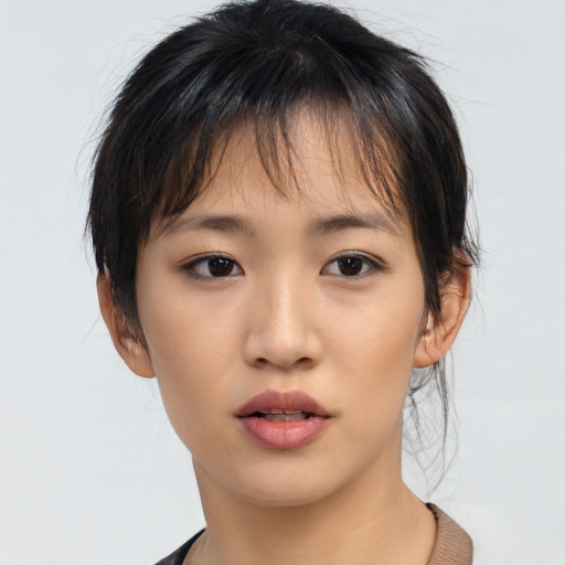 Neutral asian young-adult female with medium  brown hair and brown eyes