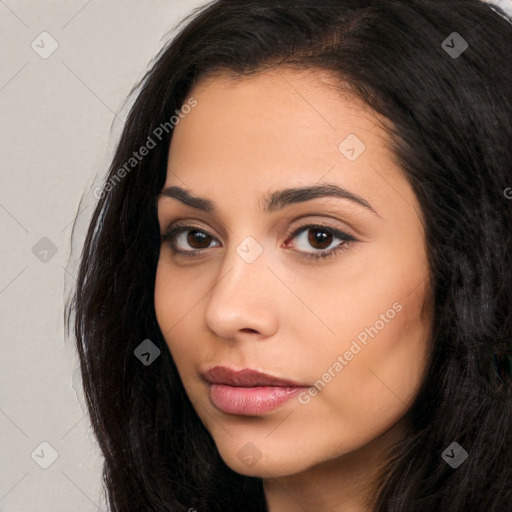 Neutral latino young-adult female with long  black hair and brown eyes