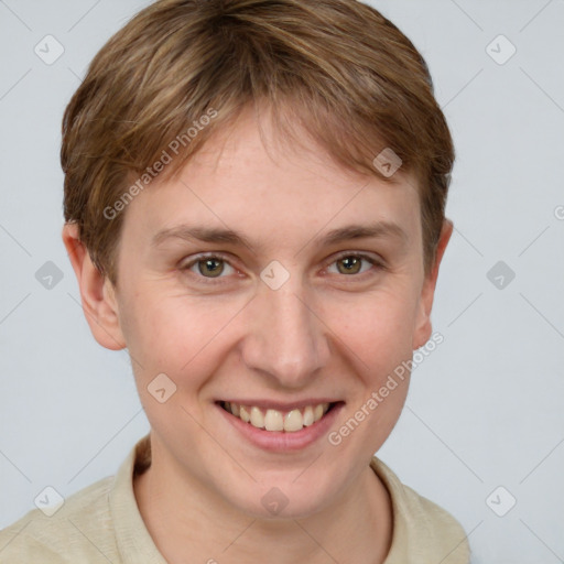 Joyful white young-adult female with short  brown hair and grey eyes