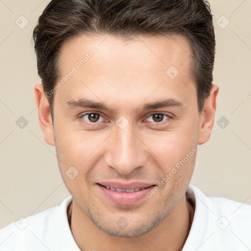 Joyful white young-adult male with short  brown hair and brown eyes