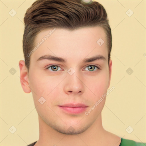 Neutral white young-adult male with short  brown hair and brown eyes