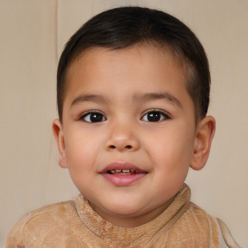 Joyful white child male with short  brown hair and brown eyes