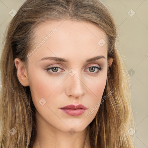 Neutral white young-adult female with long  brown hair and brown eyes