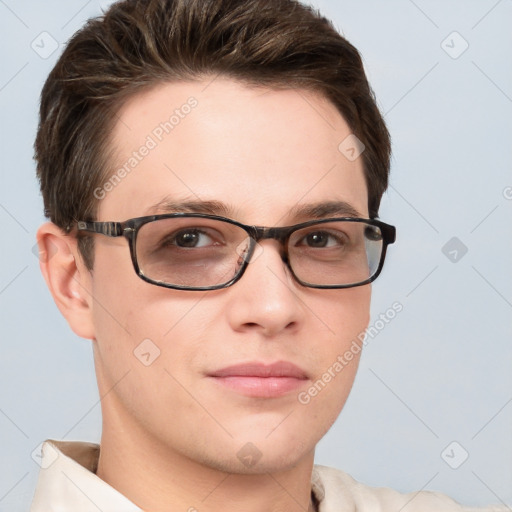 Neutral white young-adult male with short  brown hair and grey eyes