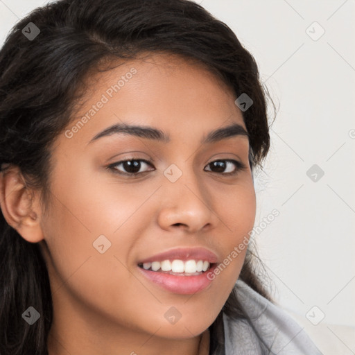 Joyful latino young-adult female with long  brown hair and brown eyes