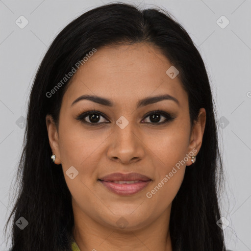 Joyful latino young-adult female with long  brown hair and brown eyes
