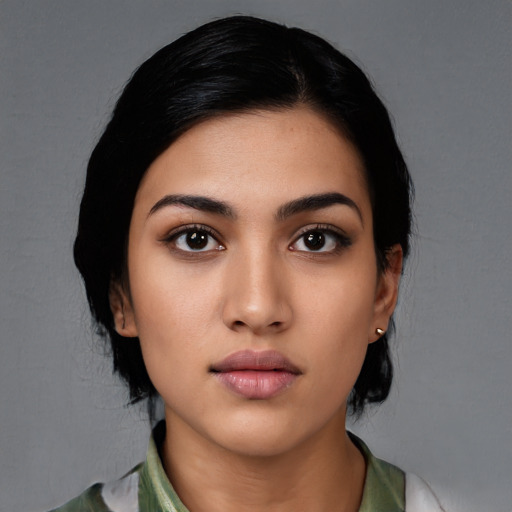 Neutral latino young-adult female with medium  black hair and brown eyes