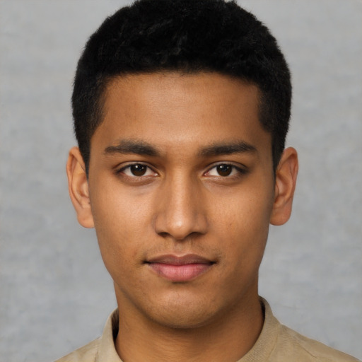 Neutral latino young-adult male with short  black hair and brown eyes