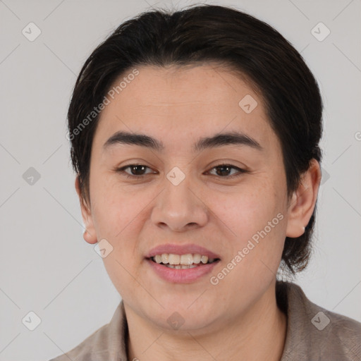 Joyful white young-adult female with medium  brown hair and brown eyes