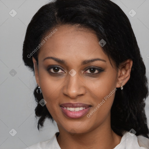 Joyful black young-adult female with medium  black hair and brown eyes